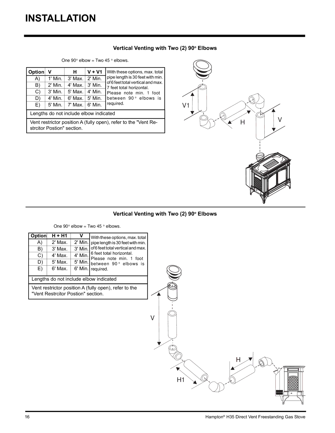 Hampton Direct H35-NG1, H35-LP1 Vertical Venting with Two 2 90o Elbows, + V1 With these options, max. total 
