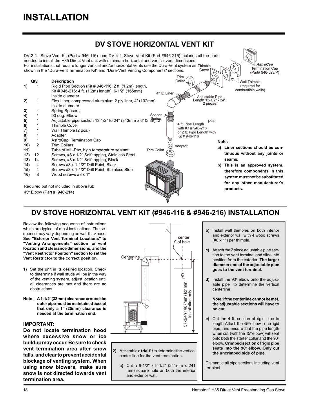 Hampton Direct H35-NG1, H35-LP1 installation manual DV Stove Horizontal Vent KIT, Qty Description 