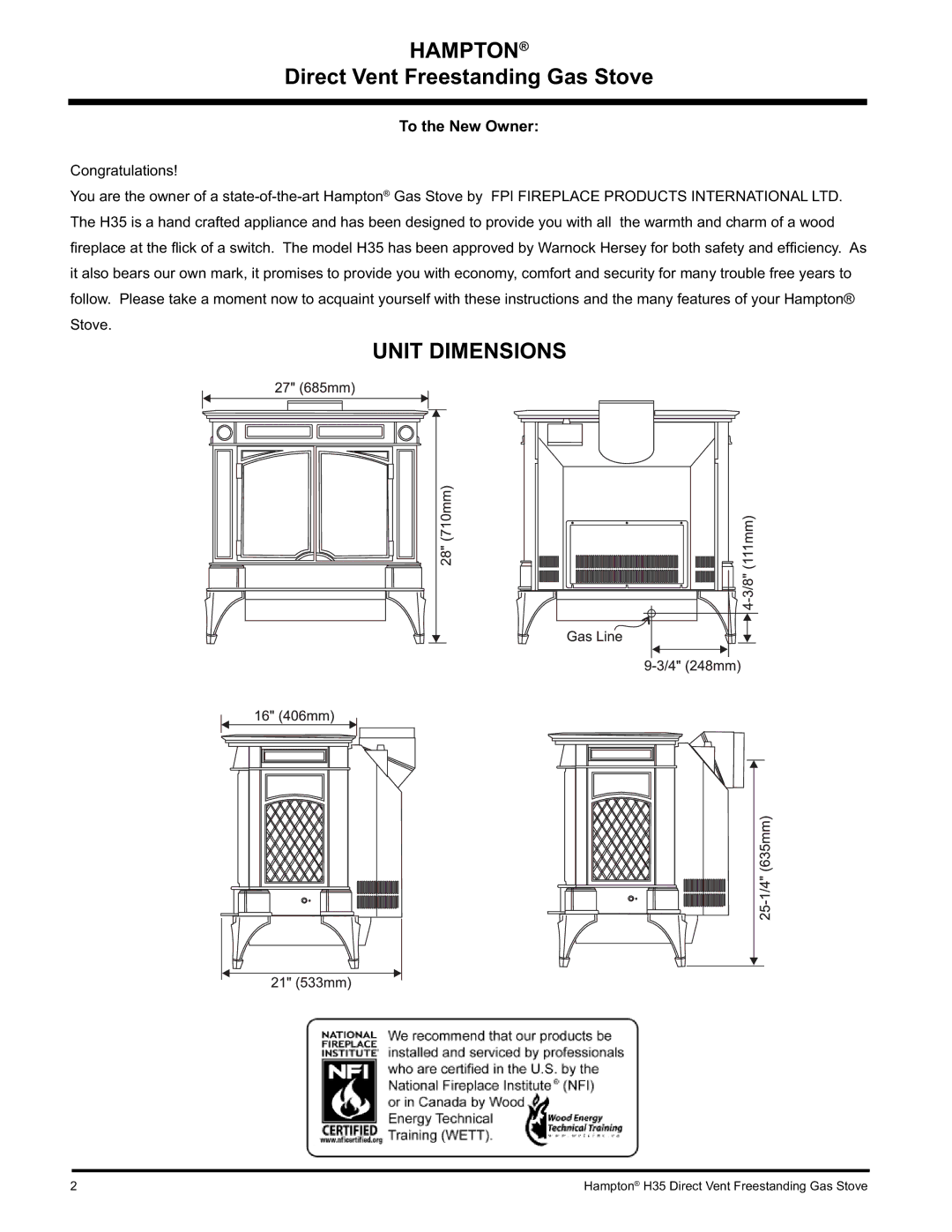 Hampton Direct H35-NG1, H35-LP1 installation manual Hampton, Unit Dimensions, To the New Owner 