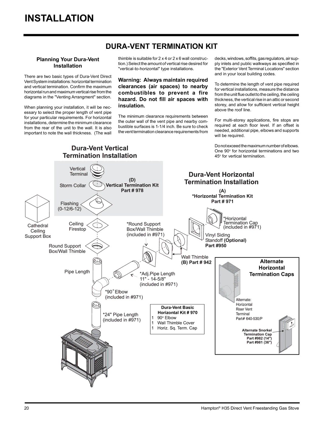 Hampton Direct H35-NG1, H35-LP1 DURA-VENT Termination KIT, Planning Your Dura-Vent Installation, Termination Caps 