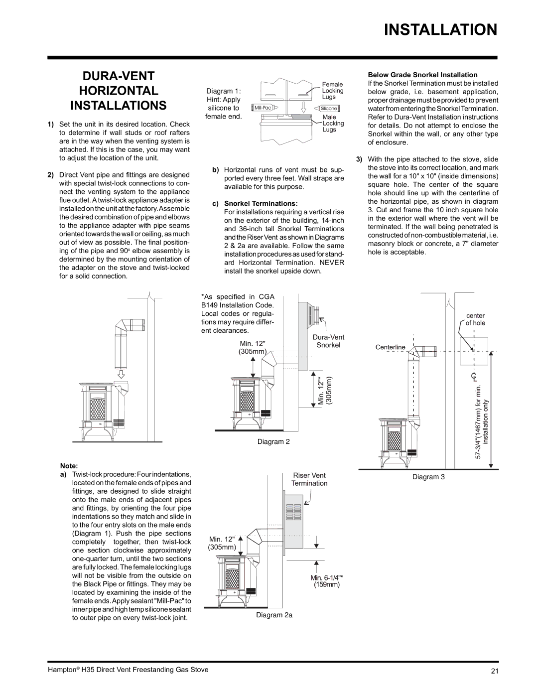 Hampton Direct H35-LP1, H35-NG1 DURA-VENT Horizontal Installations, Diagram 1 Hint Apply silicone to female end 