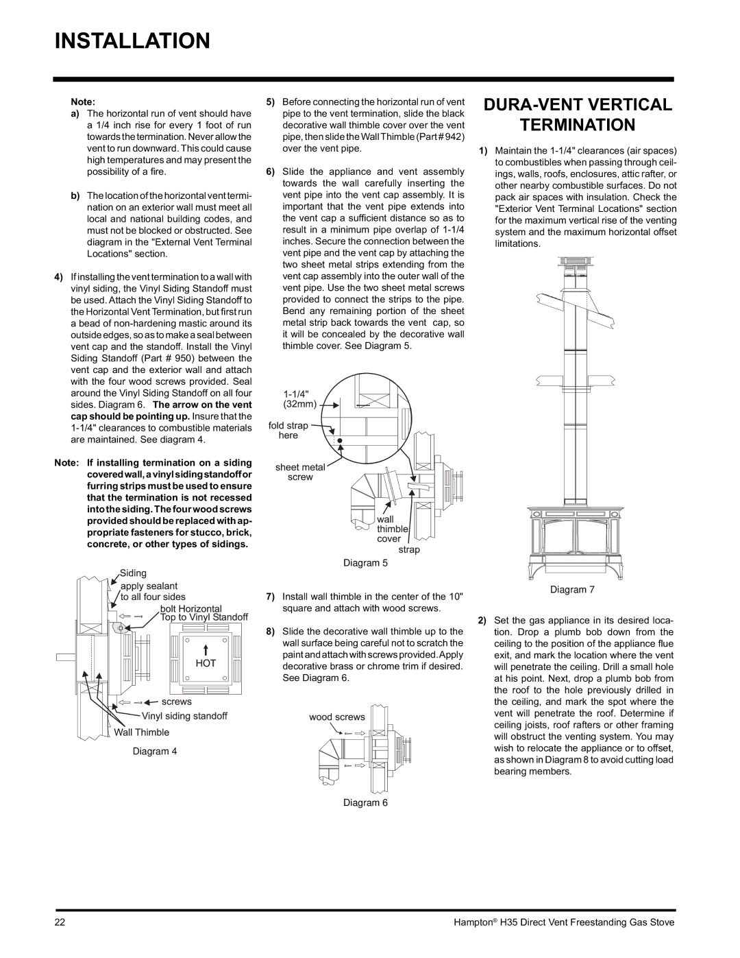 Hampton Direct H35-NG1, H35-LP1 installation manual DURA-VENT Vertical Termination, Diagram 