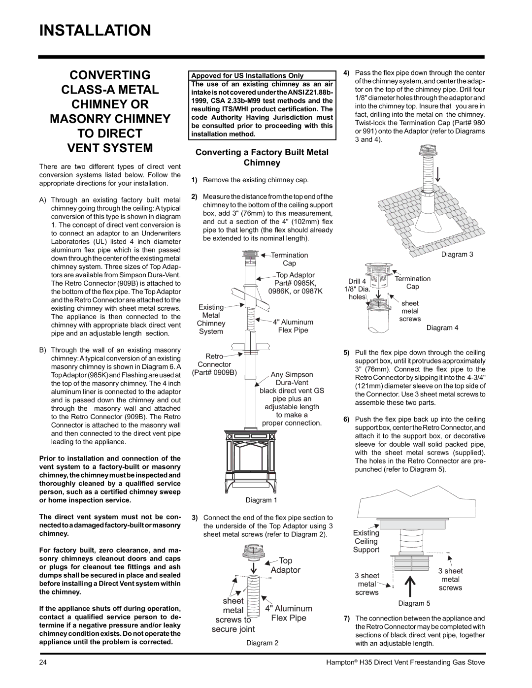 Hampton Direct H35-NG1, H35-LP1 Converting a Factory Built Metal Chimney, Appoved for US Installations Only 