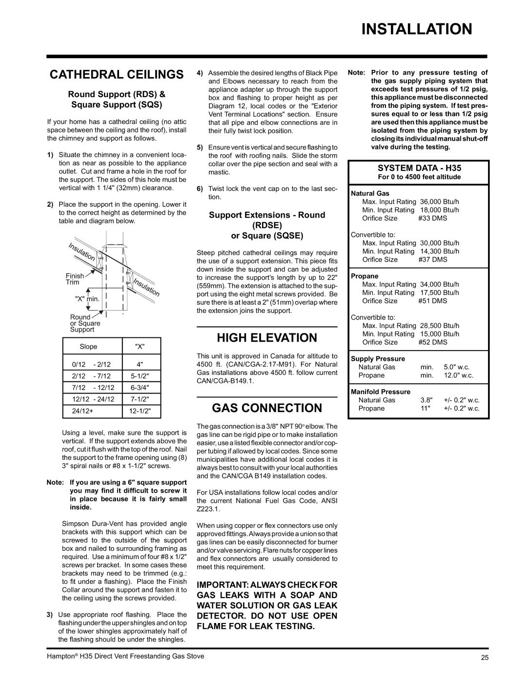 Hampton Direct H35-LP1, H35-NG1 installation manual Cathedral Ceilings, High Elevation, GAS Connection 