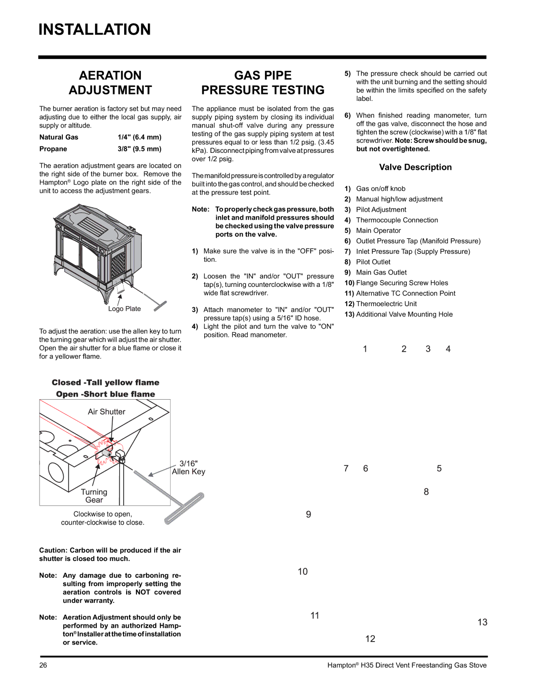 Hampton Direct H35-NG1, H35-LP1 Valve Description, But not overtightened, Clockwise to open Counter-clockwise to close 