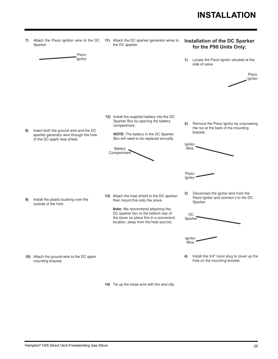 Hampton Direct H35-LP1, H35-NG1 installation manual Installation of the DC Sparker For the P90 Units Only 
