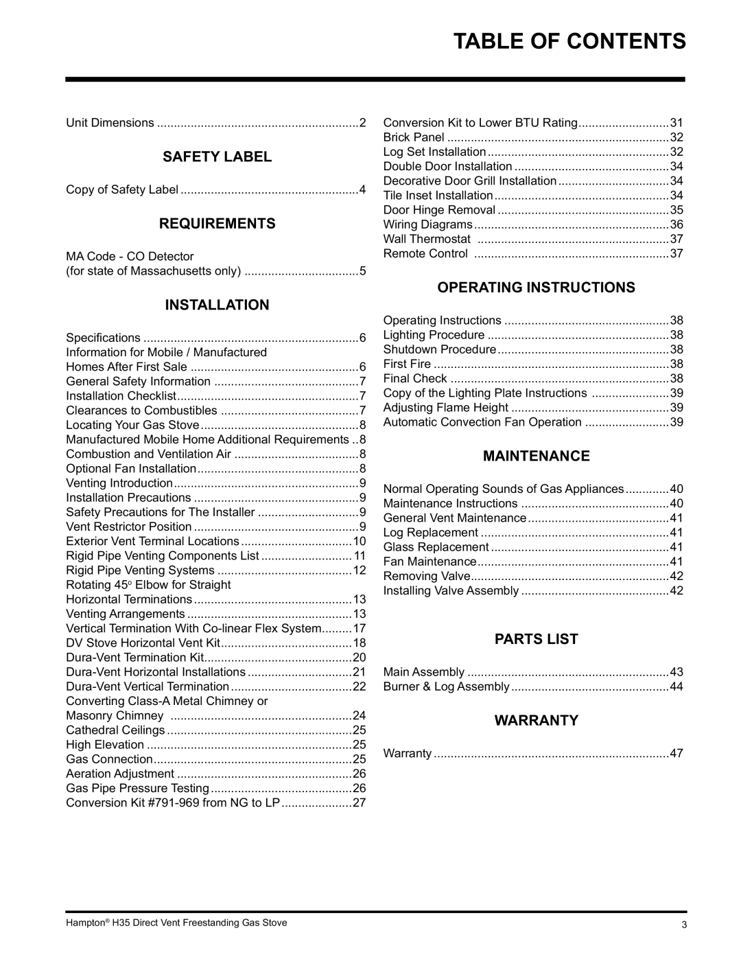 Hampton Direct H35-LP1, H35-NG1 installation manual Table of Contents 