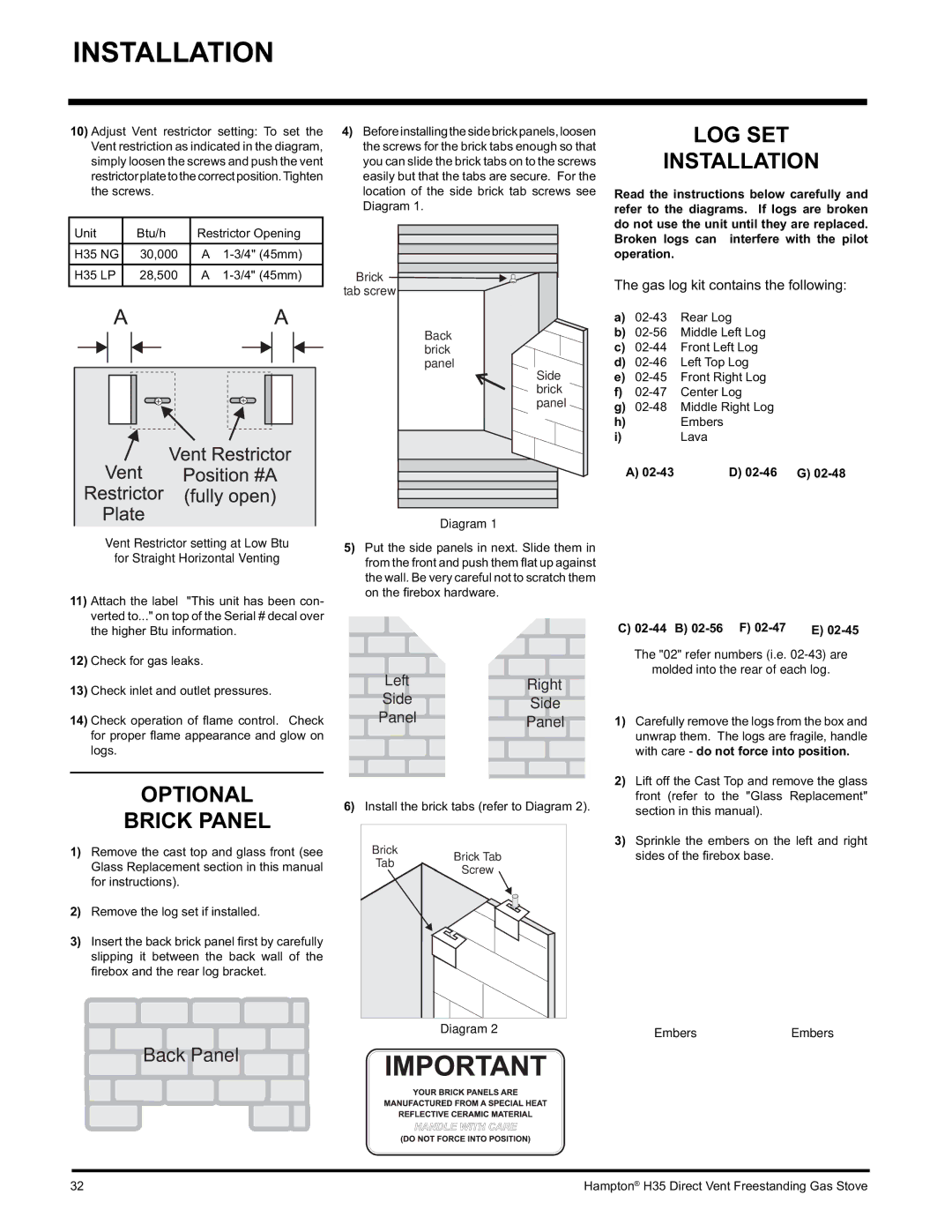 Hampton Direct H35-NG1, H35-LP1 LOG SET Installation, Optional Brick Panel, 02-46 G, 02-44 B 02-56 F, EmbersEmbers 