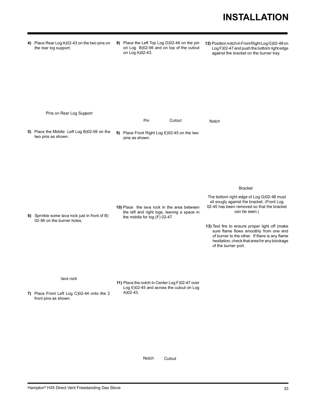 Hampton Direct H35-LP1, H35-NG1 installation manual Pins on Rear Log Support, Pin Cutout, Lava rock, Notch Cutout 