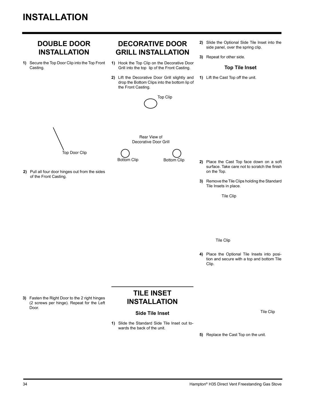 Hampton Direct H35-NG1, H35-LP1 Double Door Installation, Tile Inset Installation, Top Tile Inset, Side Tile Inset 