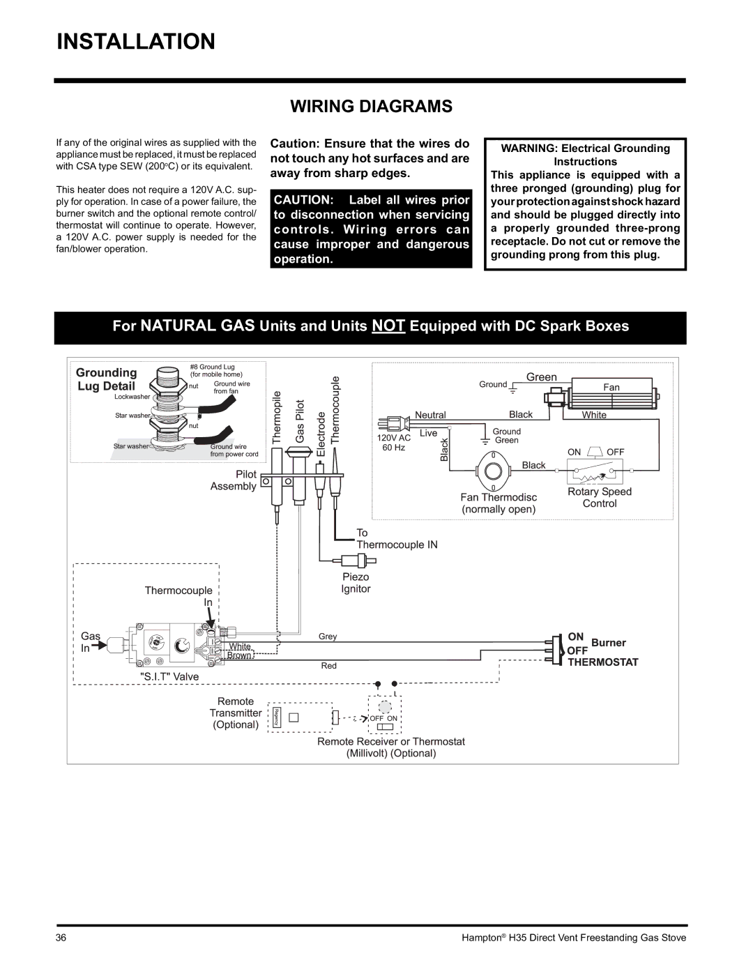 Hampton Direct H35-NG1, H35-LP1 installation manual Wiring Diagrams, Instructions 