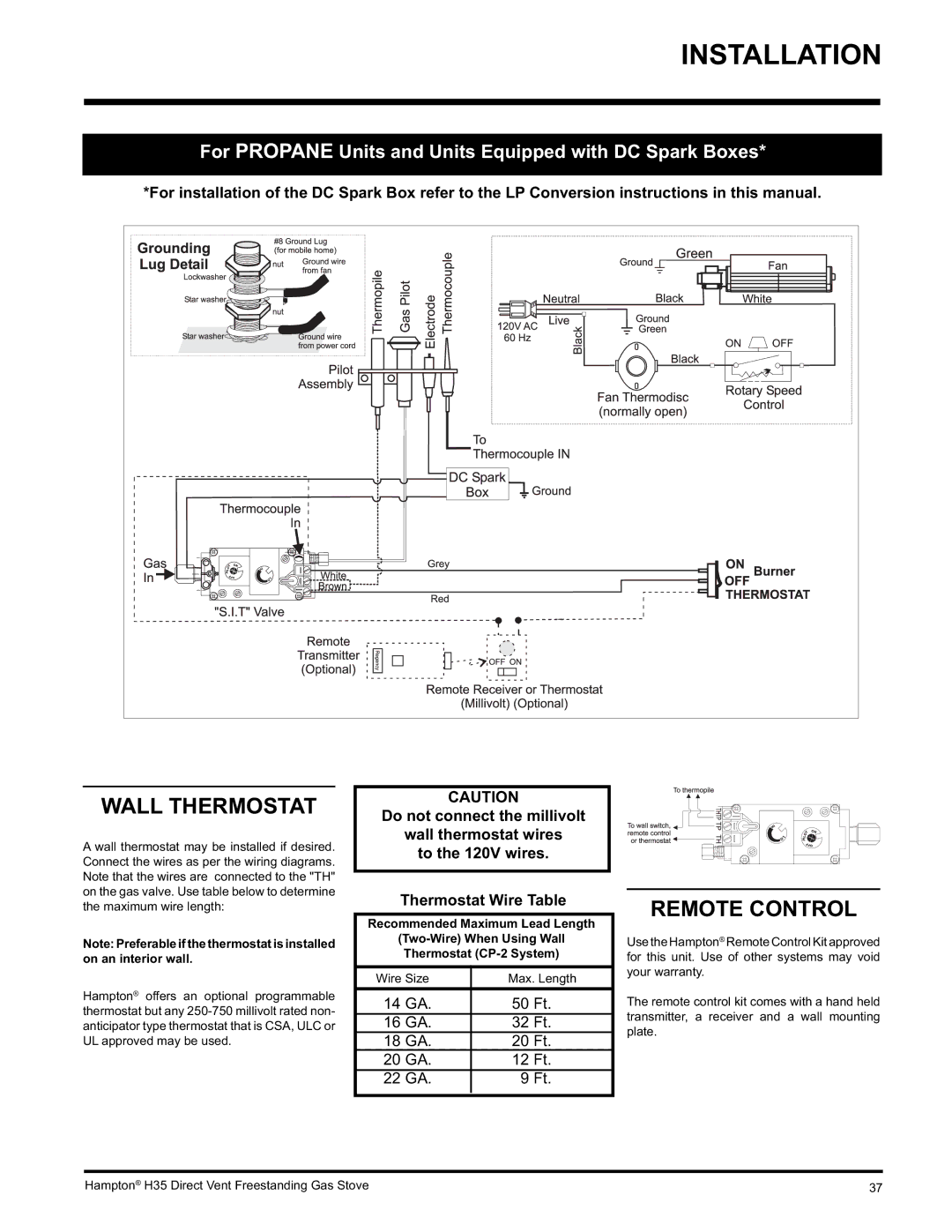 Hampton Direct H35-LP1, H35-NG1 installation manual Wall Thermostat, Remote Control 