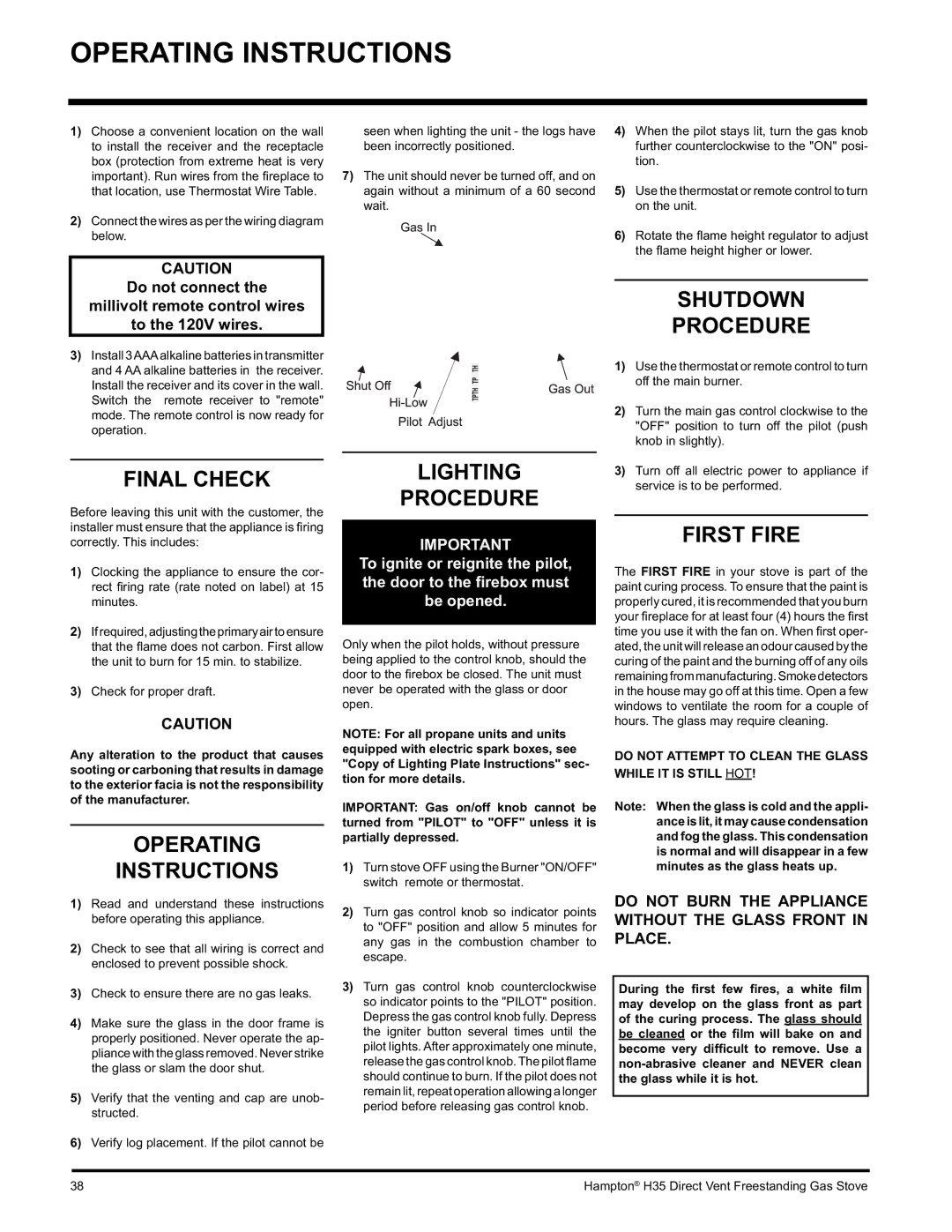 Hampton Direct H35-NG1, H35-LP1 installation manual Operating Instructions 