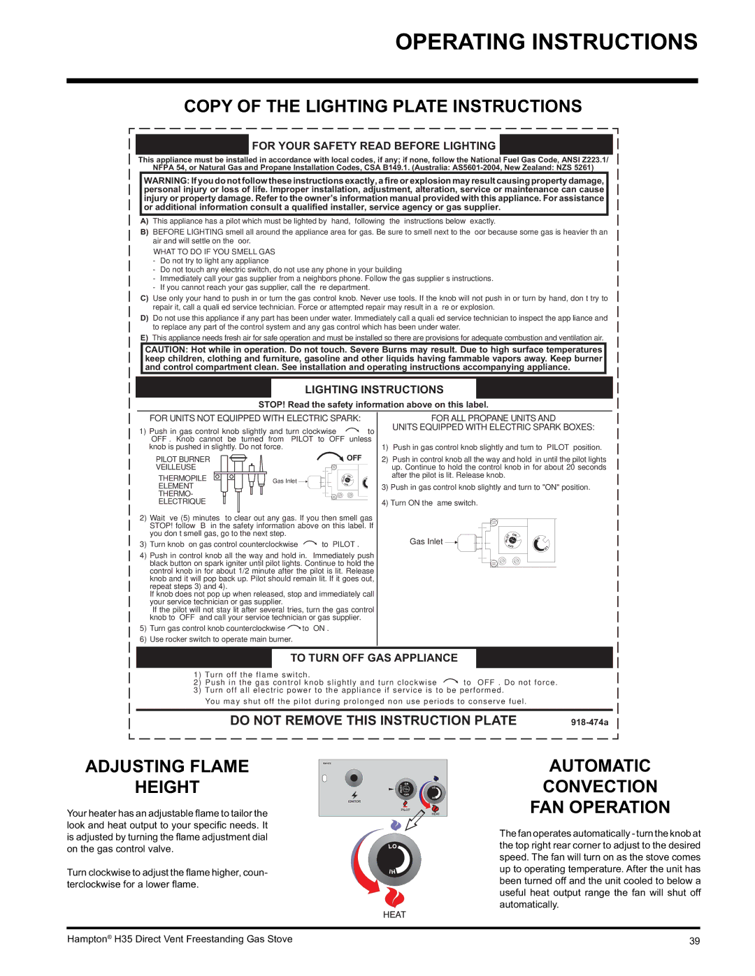 Hampton Direct H35-LP1 Copy of the Lighting Plate Instructions, Adjusting Flame Height, Automatic Convection FAN Operation 