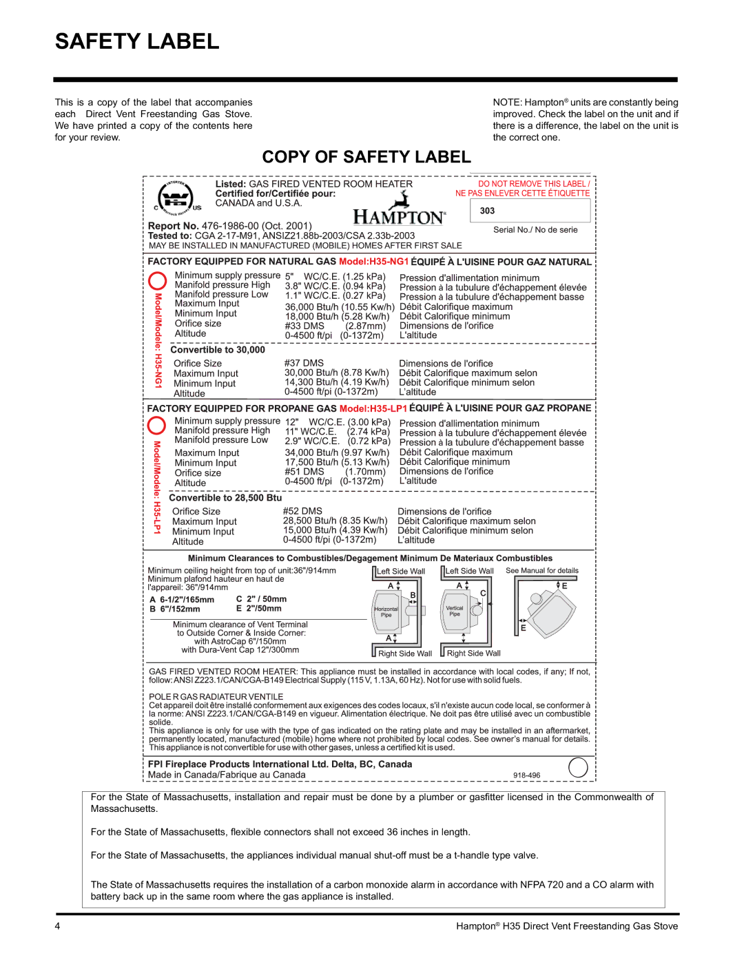 Hampton Direct H35-NG1, H35-LP1 installation manual Copy of Safety Label 