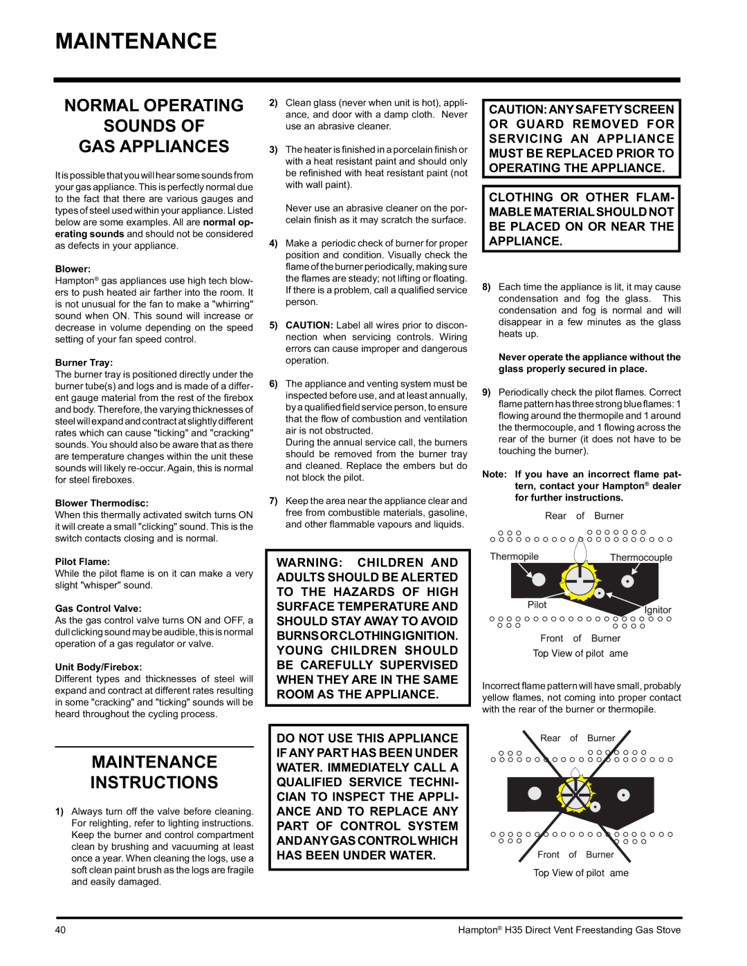 Hampton Direct H35-NG1, H35-LP1 installation manual Normal Operating Sounds GAS Appliances, Maintenance Instructions 