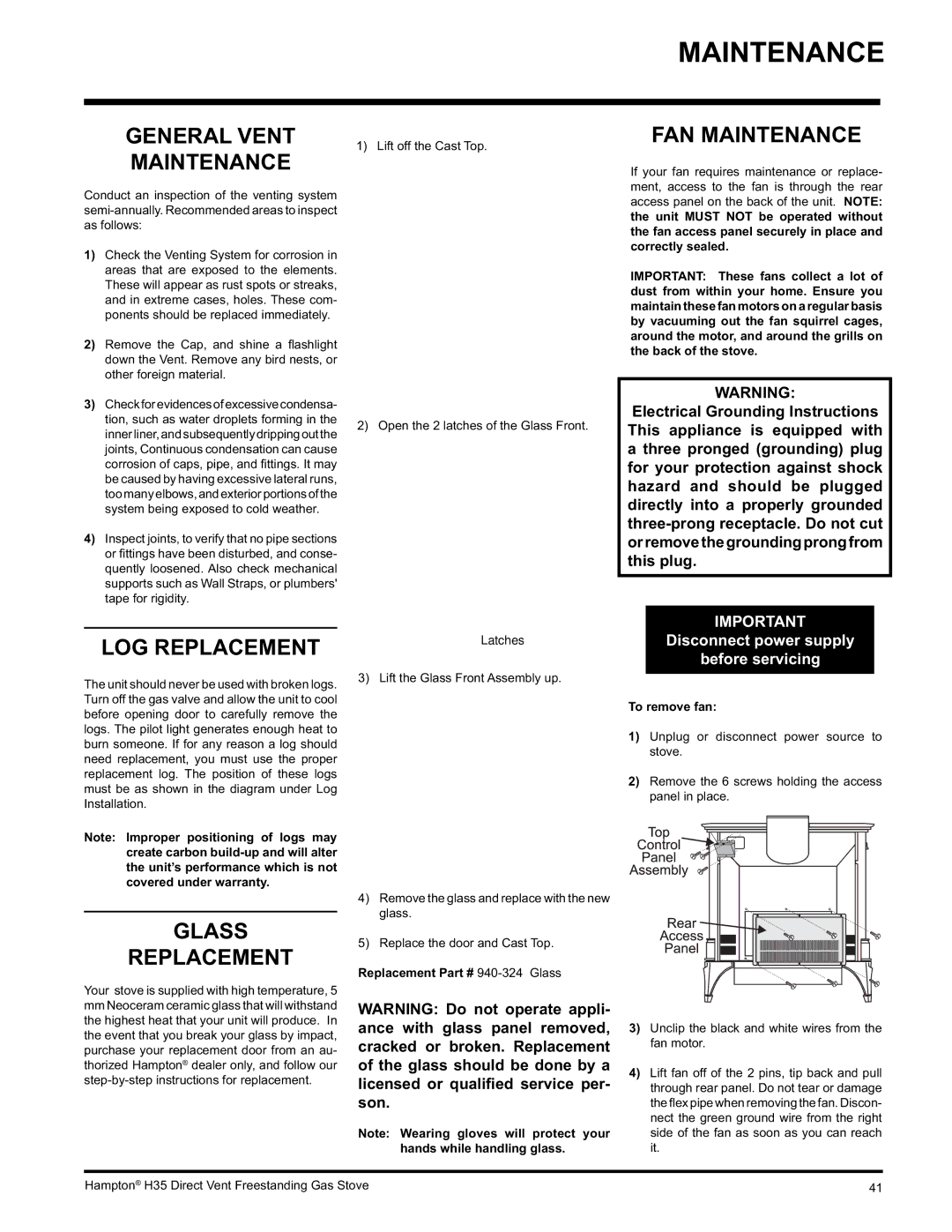 Hampton Direct H35-LP1, H35-NG1 General Vent Maintenance, FAN Maintenance, LOG Replacement, Glass Replacement 