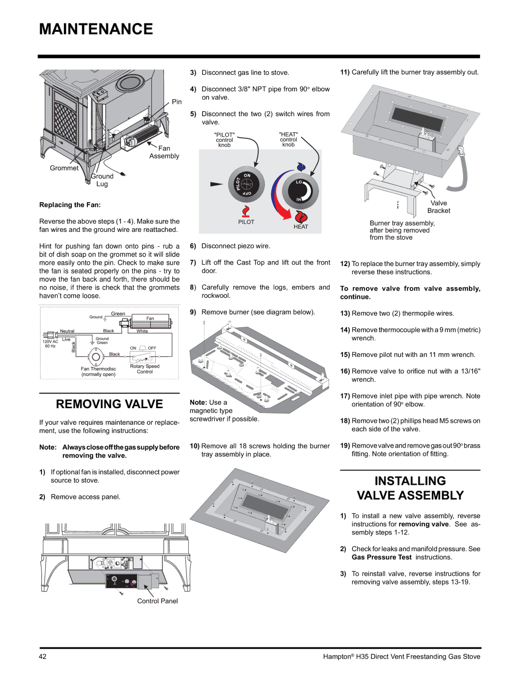 Hampton Direct H35-NG1, H35-LP1 installation manual Removing Valve, Installing Valve Assembly, Replacing the Fan 