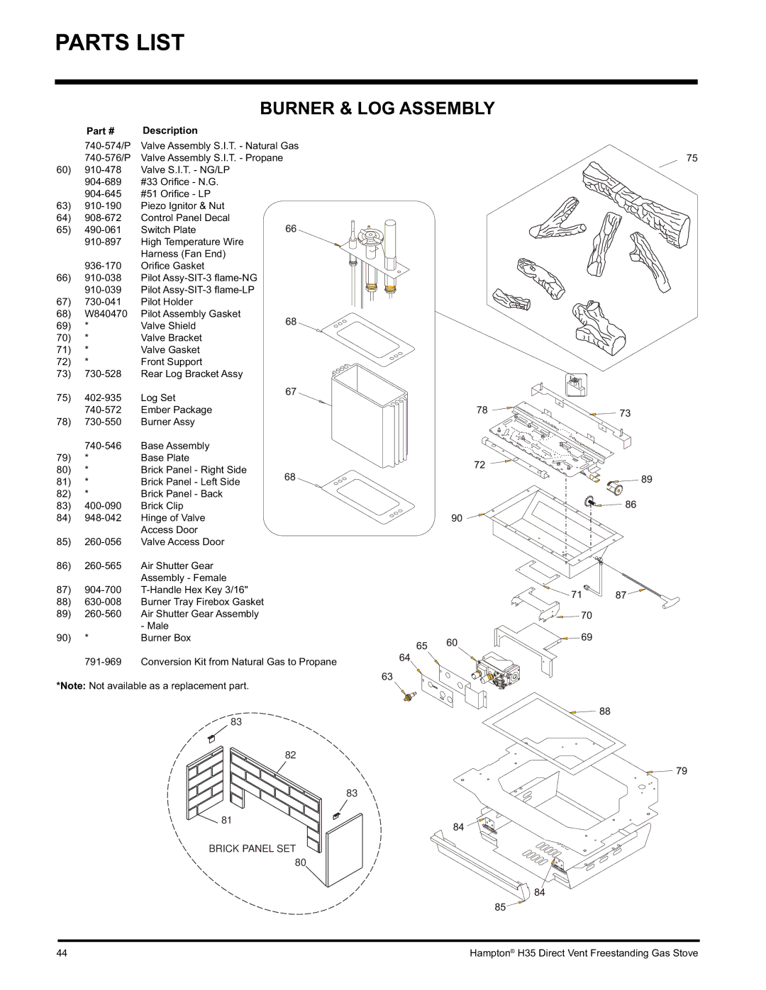 Hampton Direct H35-NG1, H35-LP1 installation manual Burner & LOG Assembly, Brick Panel SET 