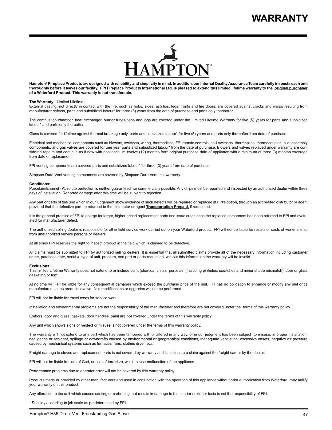 Hampton Direct H35-LP1, H35-NG1 installation manual Warranty, Conditions 