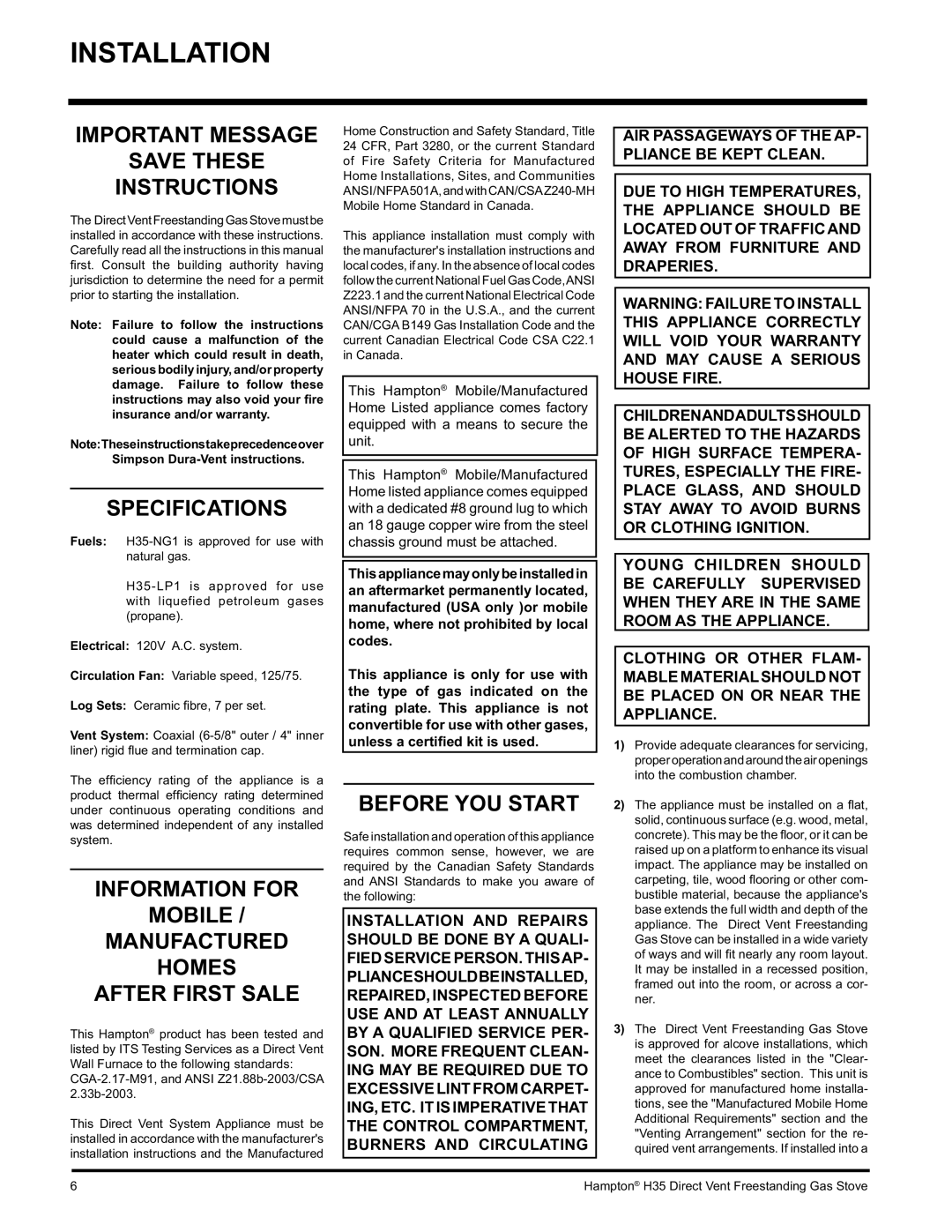 Hampton Direct H35-NG1, H35-LP1 Installation, Important Message Save These Instructions, Specifications, Before YOU Start 