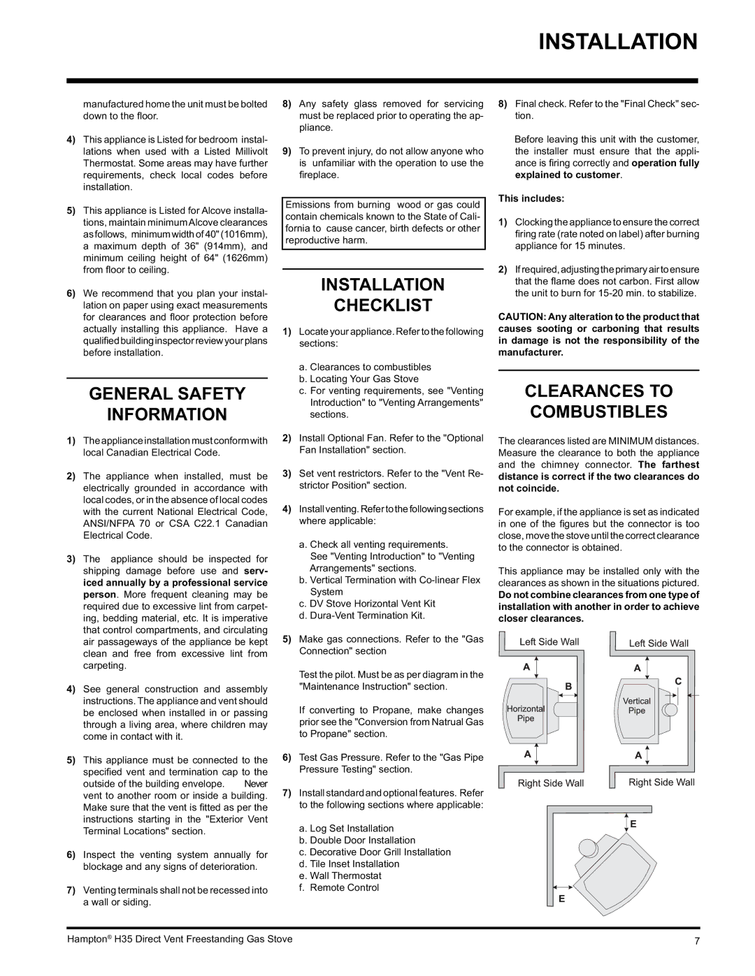 Hampton Direct H35-LP1 General Safety Information, Installation Checklist, Clearances to Combustibles, This includes 