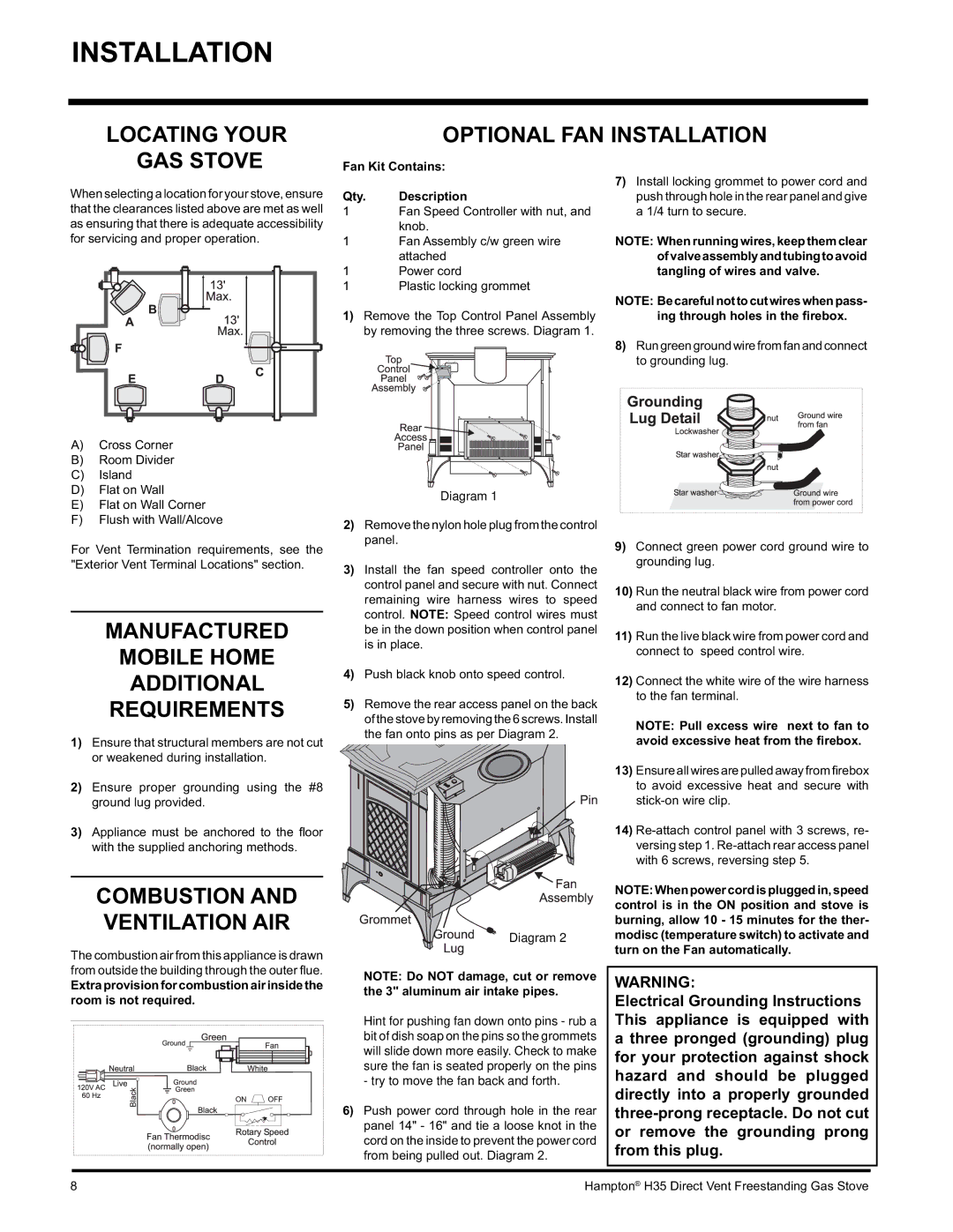 Hampton Direct H35-NG1, H35-LP1 installation manual Locating Your, GAS Stove, Combustion, Ventilation AIR 