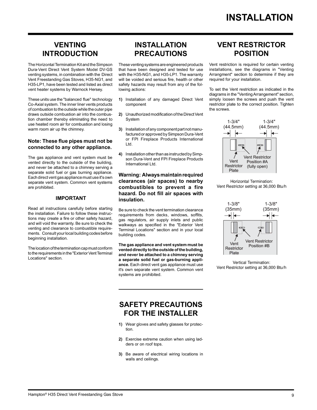 Hampton Direct H35-LP1, H35-NG1 installation manual Installation, Safety Precautions For the Installer 