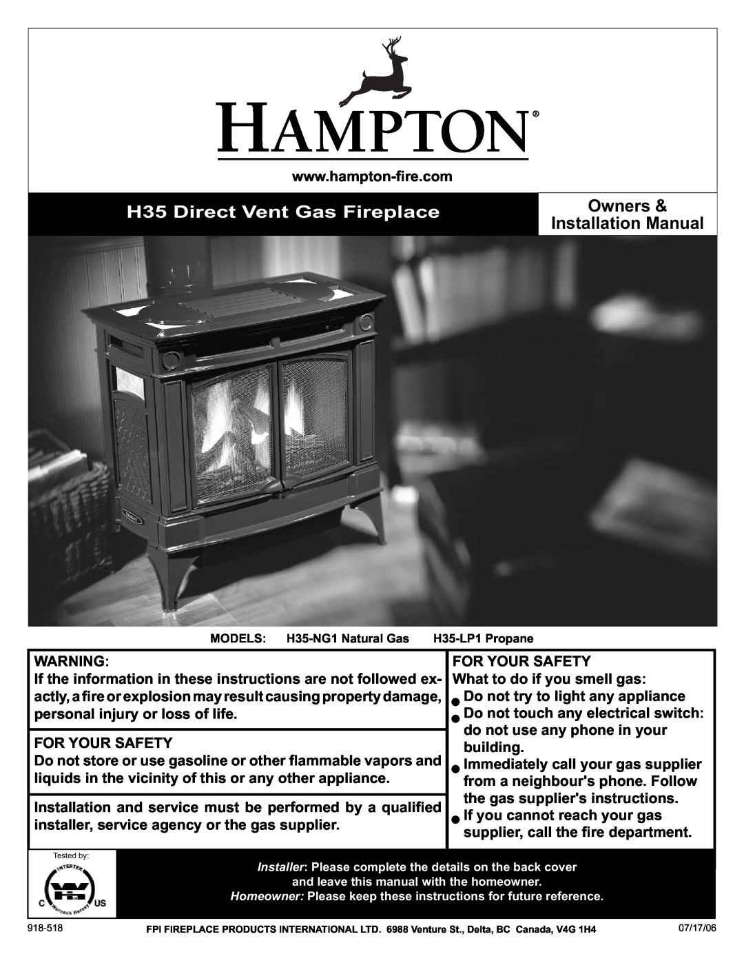 Hampton Direct H35-LP1, H35-NG1 installation manual H35 Direct Vent Gas Fireplace, Owners, Installation Manual 