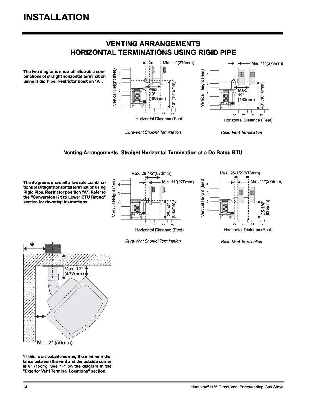 Hampton Direct H35-NG1, H35-LP1 Installation, Venting Arrangements, Horizontal Terminations Using Rigid Pipe 