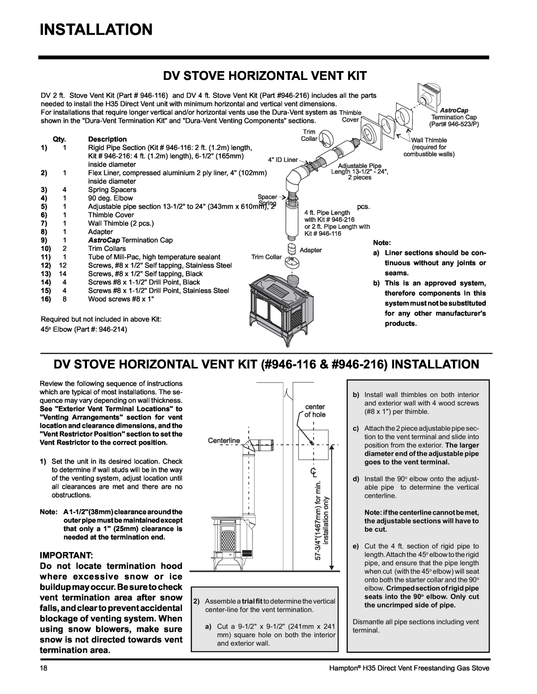 Hampton Direct H35-NG1, H35-LP1 installation manual Installation, Dv Stove Horizontal Vent Kit, Description 
