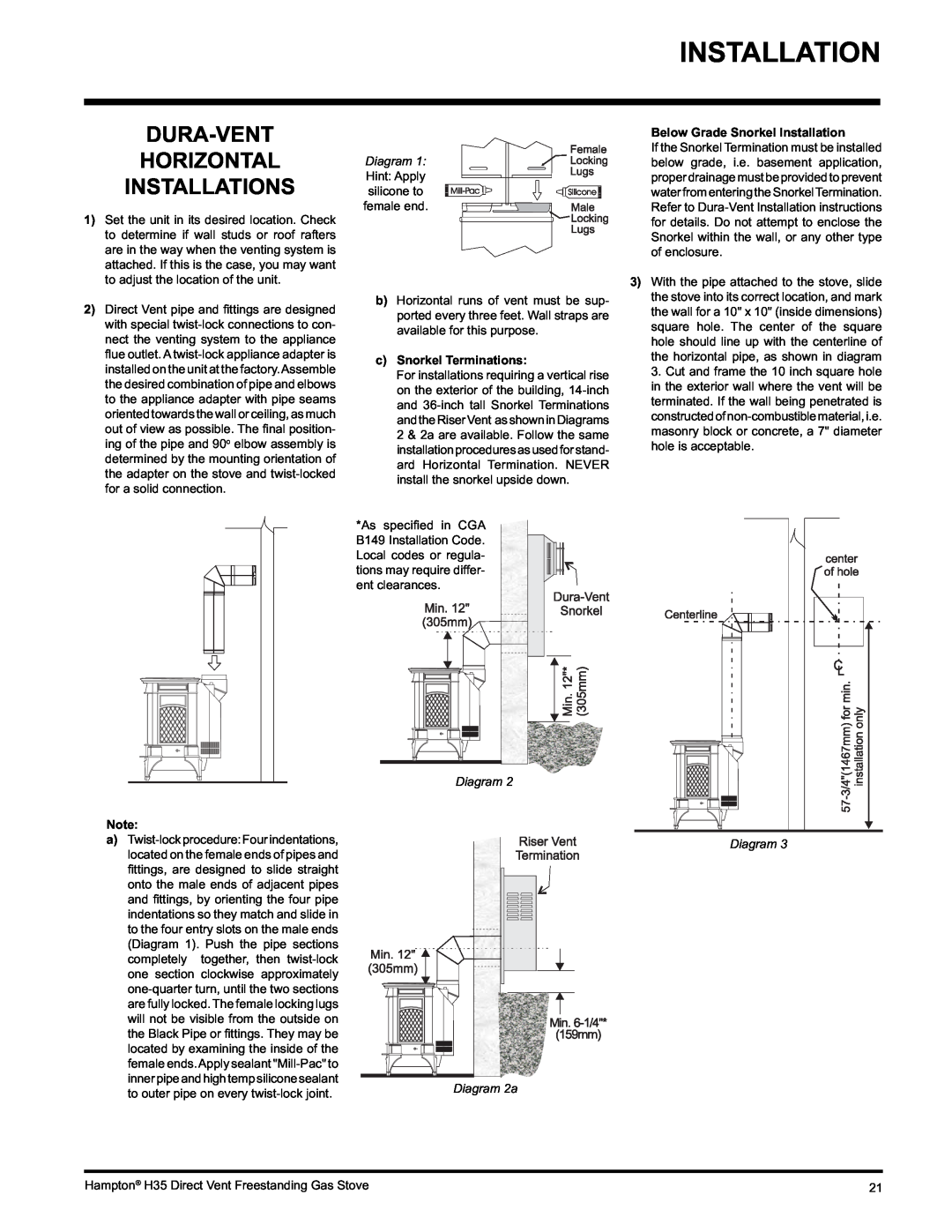 Hampton Direct H35-LP1, H35-NG1 Dura-Vent Horizontal Installations, Diagram 1 Hint Apply silicone to female end 