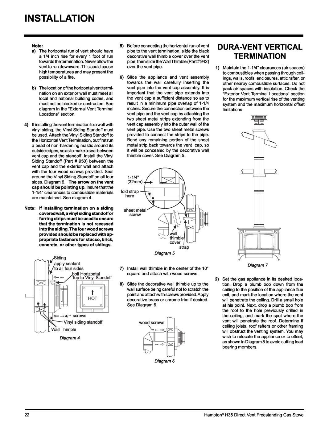 Hampton Direct H35-NG1, H35-LP1 installation manual Installation, Dura-Ventvertical Termination, Diagram 