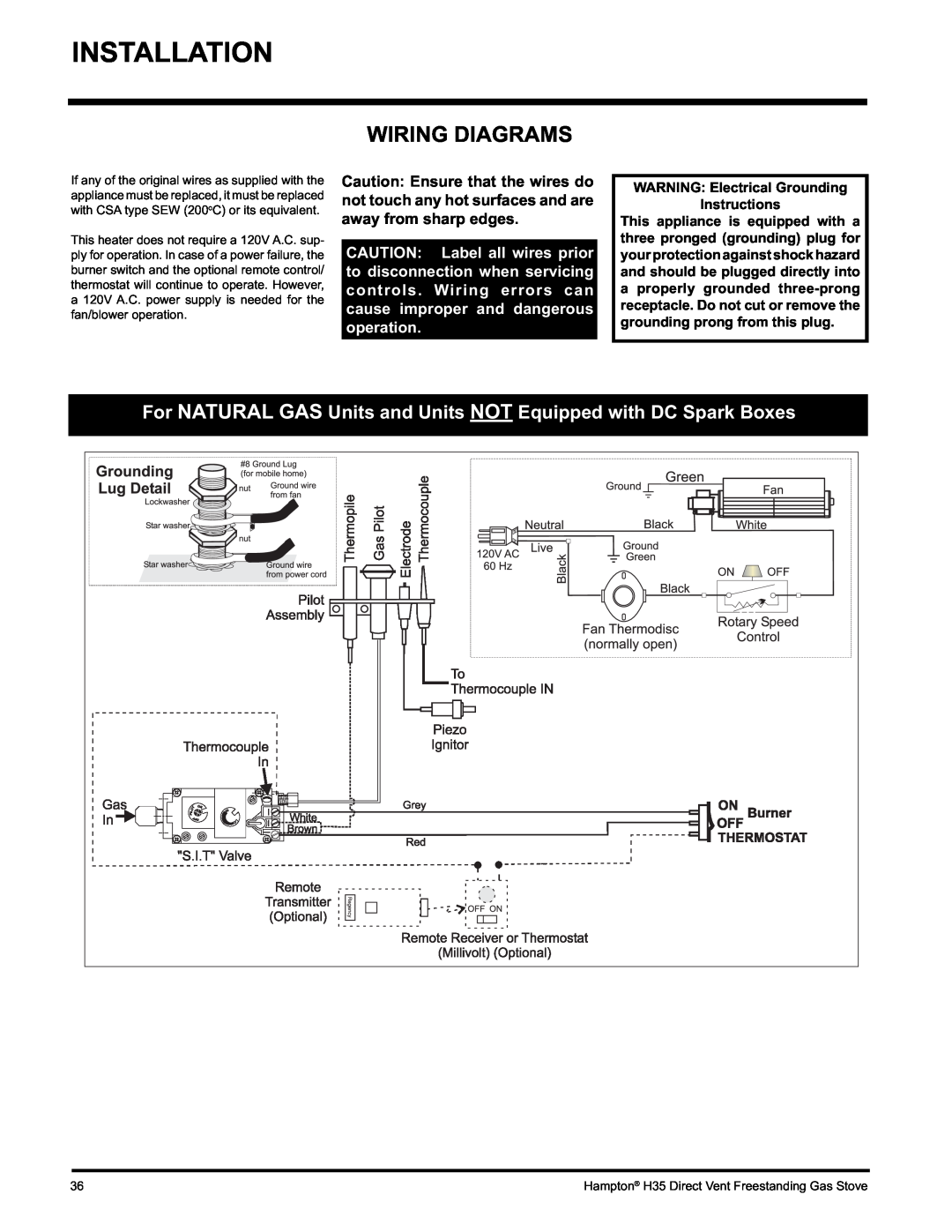 Hampton Direct H35-NG1, H35-LP1 installation manual Installation, Wiring Diagrams, WARNING Electrical Grounding Instructions 