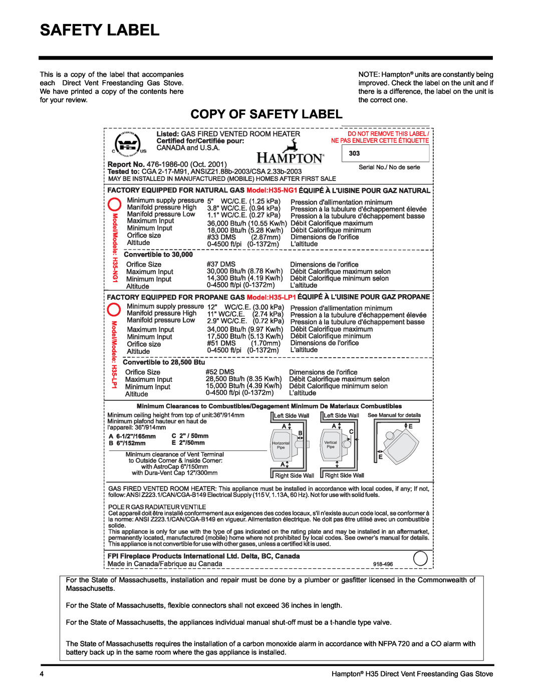 Hampton Direct H35-NG1, H35-LP1 installation manual Copy Of Safety Label 