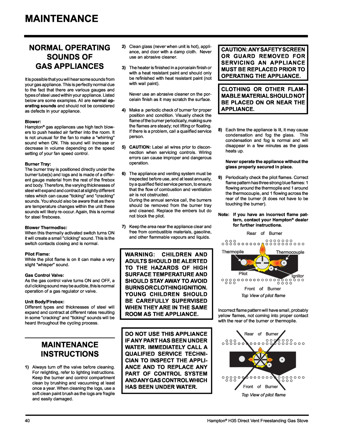 Hampton Direct H35-NG1, H35-LP1 installation manual Normal Operating Sounds Of Gas Appliances, Maintenance Instructions 