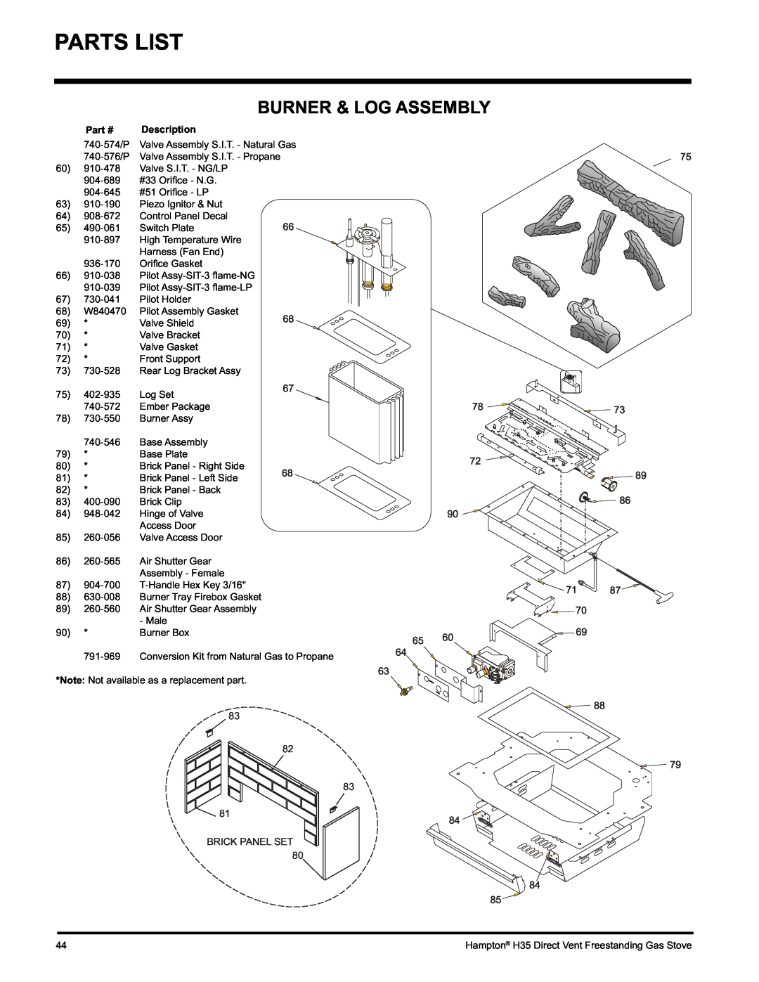 Hampton Direct H35-NG1, H35-LP1 installation manual Parts List, Burner & Log Assembly 