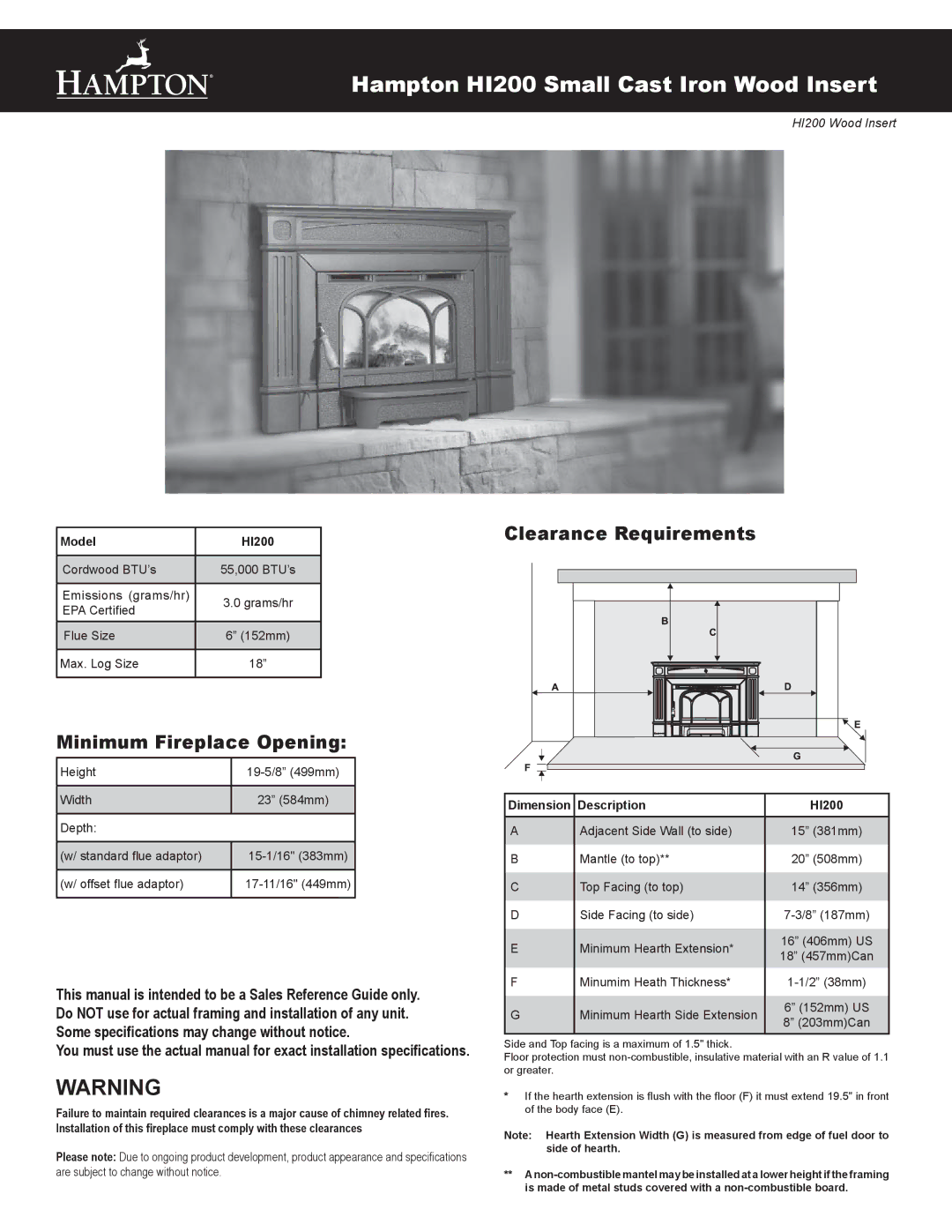 Hampton Direct specifications Hampton HI200 Small Cast Iron Wood Insert, Model HI200, Description HI200 