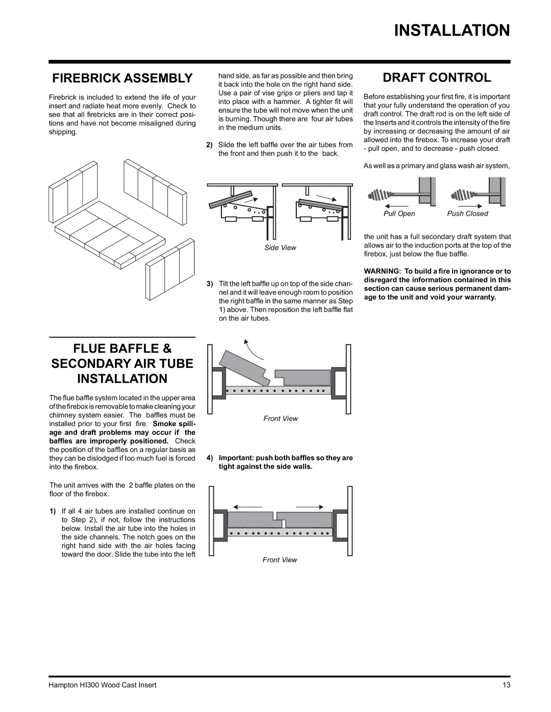 Hampton Direct HI300 installation manual Firebrick Assembly, Draft Control, Flue Baffle Secondary AIR Tube Installation 