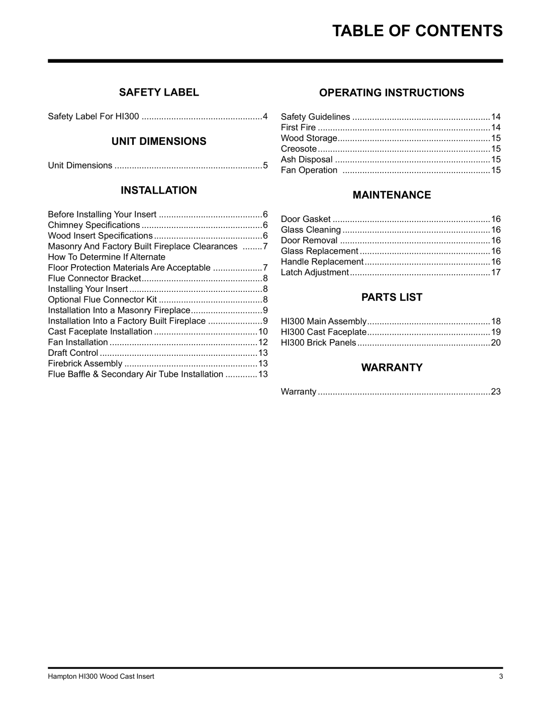 Hampton Direct HI300 installation manual Table of Contents 