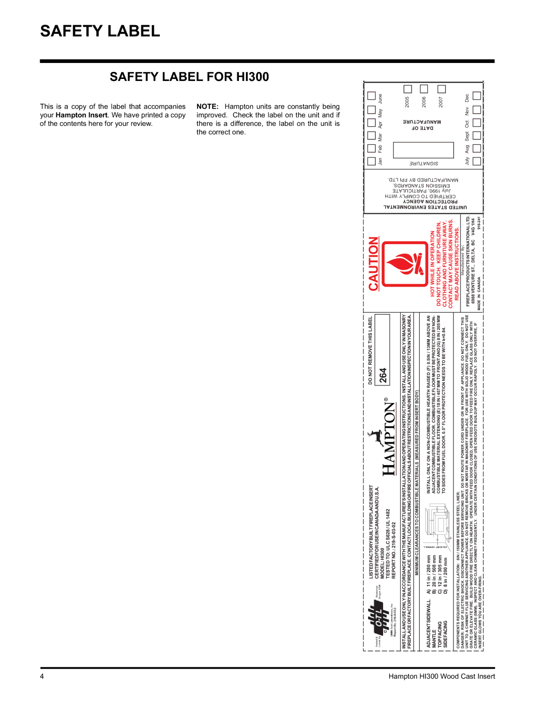 Hampton Direct installation manual Safety Label for HI300 