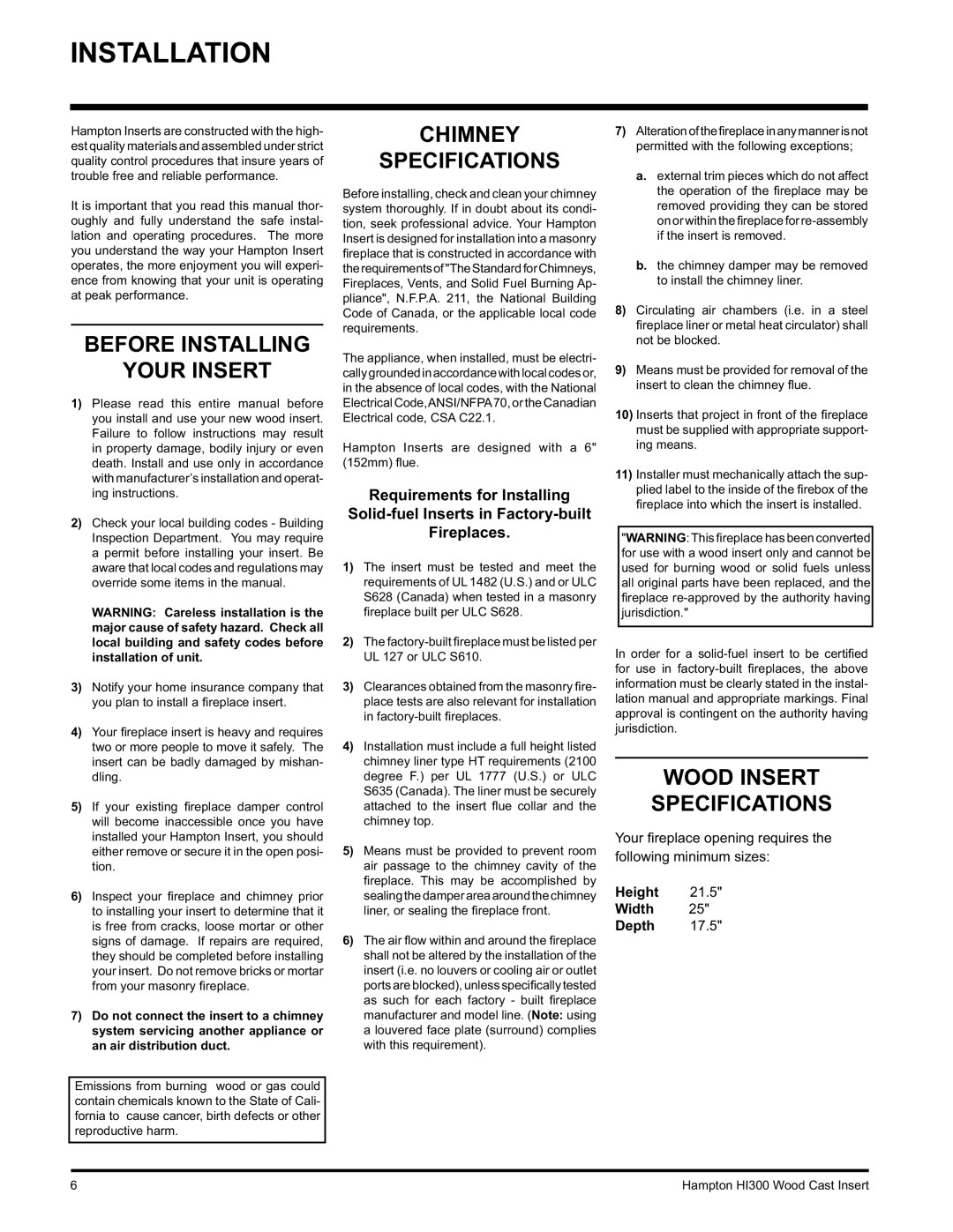 Hampton Direct HI300 Installation, Before Installing Your Insert, Chimney Specifications, Wood Insert Specifications 