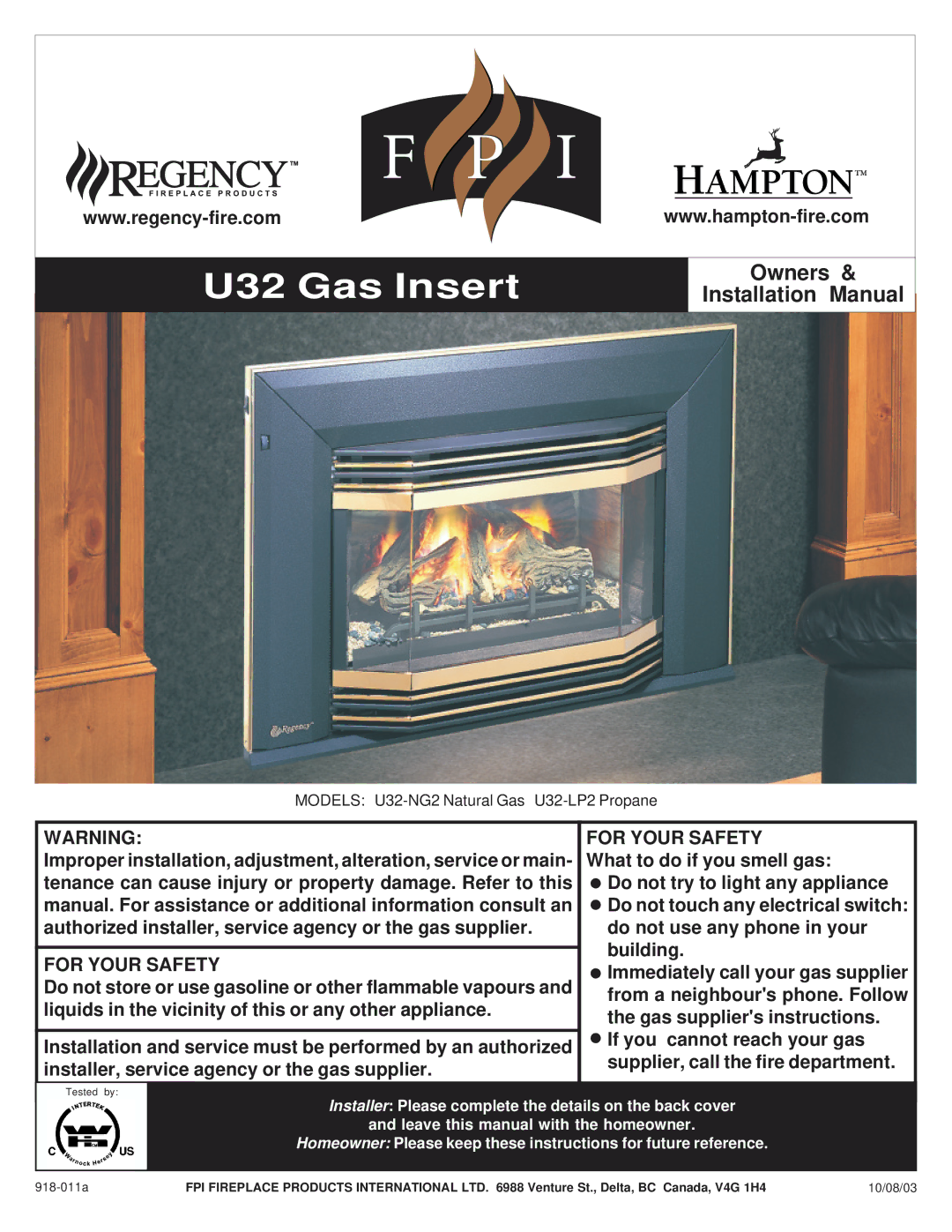 Hampton Direct U32-NG2, U32-LP2 installation manual U32 Gas Insert 