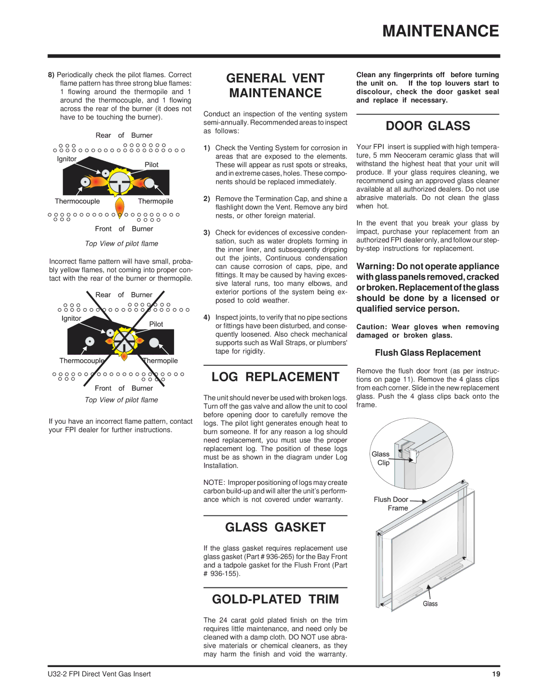 Hampton Direct U32-NG2, U32-LP2 installation manual Maintenance 