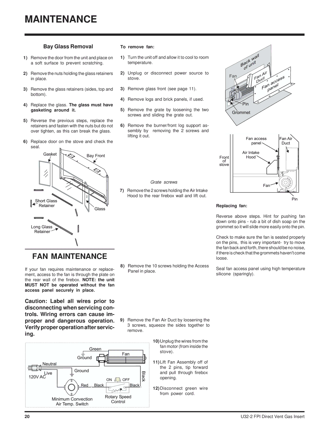 Hampton Direct U32-LP2, U32-NG2 FAN Maintenance, Bay Glass Removal, To remove fan, Grate screws, Replacing fan 