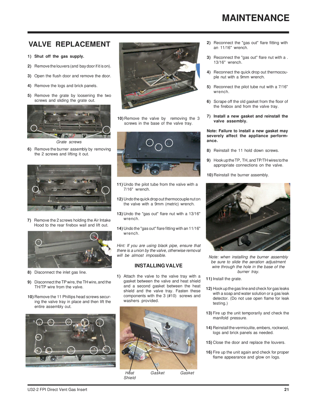 Hampton Direct U32-NG2 Valve Replacement, Shut off the gas supply, Install a new gasket and reinstall the valve assembly 