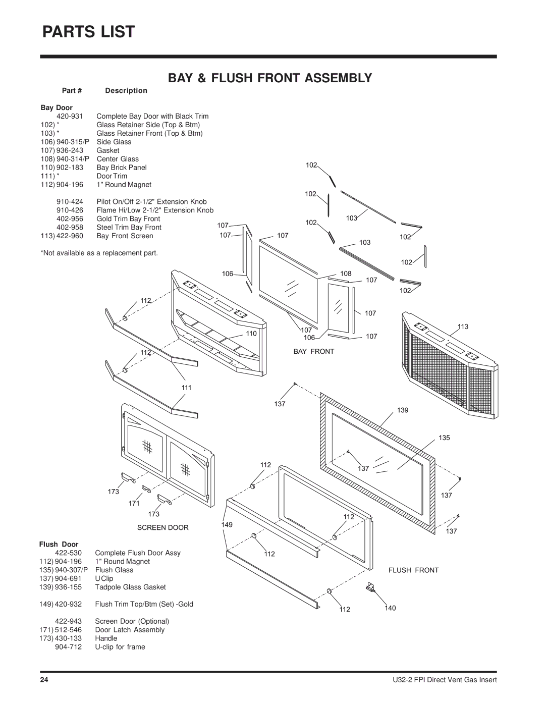 Hampton Direct U32-LP2, U32-NG2 installation manual Bay Door, Flush Door 