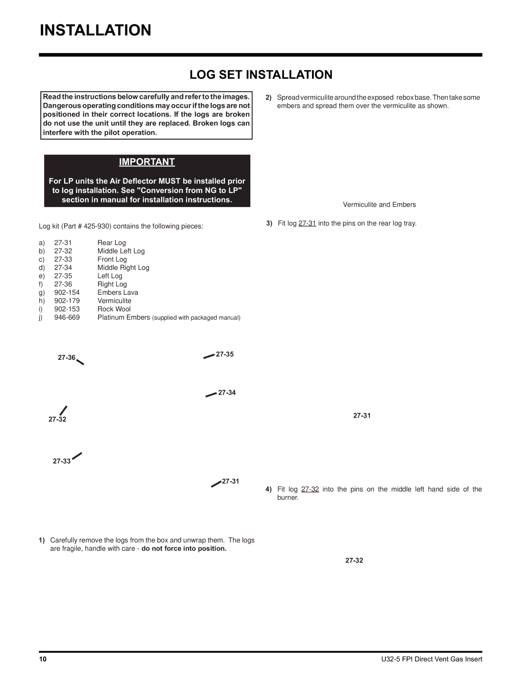 Hampton Direct U32 installation manual LOG SET Installation, 27-32 27-33 27-31 