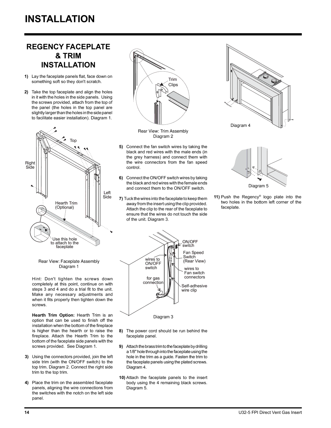 Hampton Direct U32 installation manual Regency Faceplate Trim Installation, Rear View Trim Assembly Diagram 