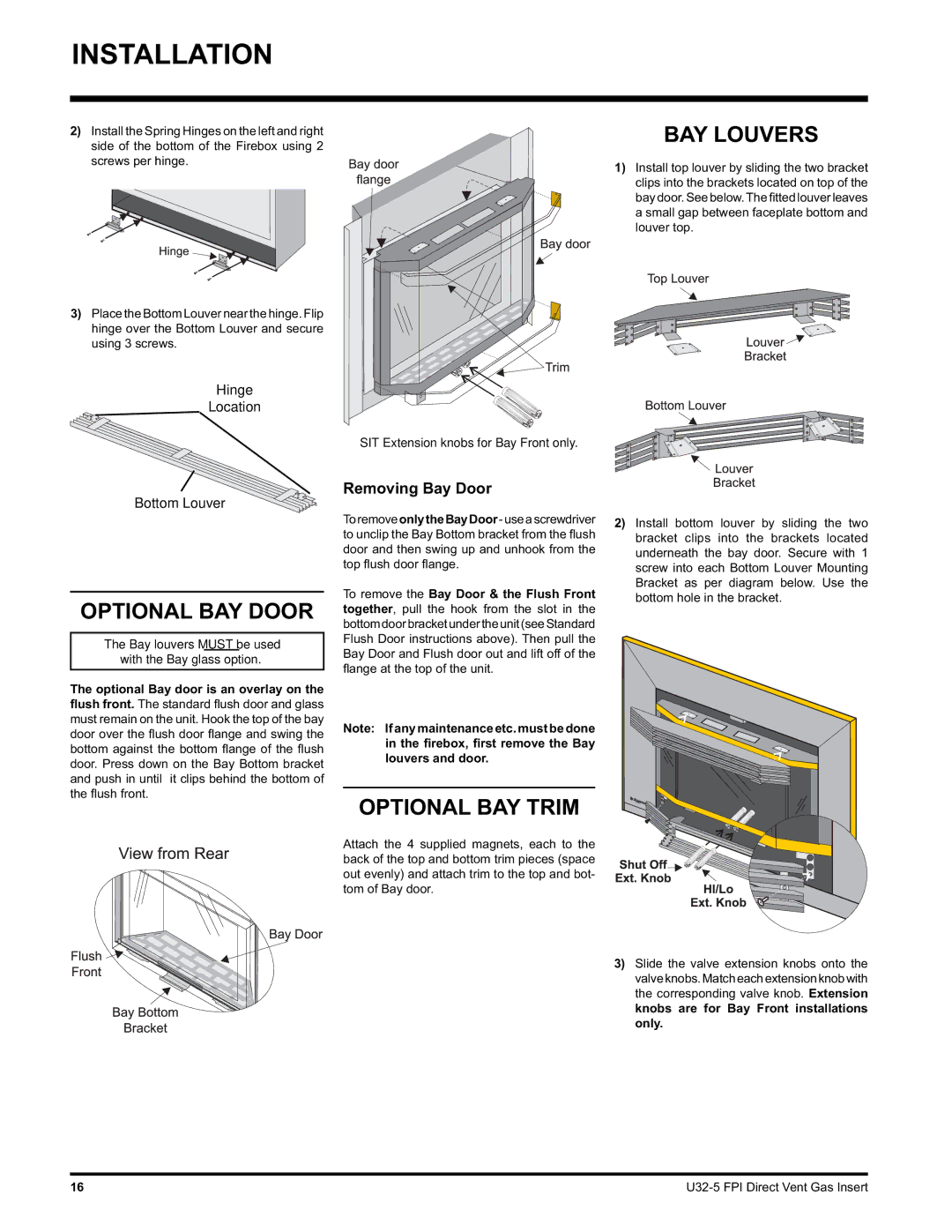 Hampton Direct U32 installation manual BAY Louvers, Optional BAY Door, Optional BAY Trim, Removing Bay Door 